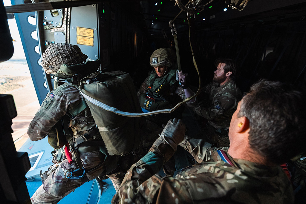 Paratroopers exit an RAF Atlas (A400M), via its para door